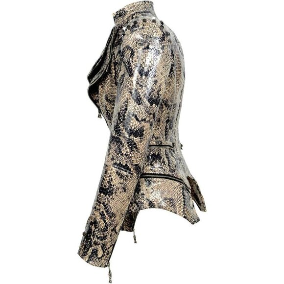 Women's Snake Pattern Rivet Studded PU Faux Leather Jacket Moto Biker Coat. - Picture 3 of 4